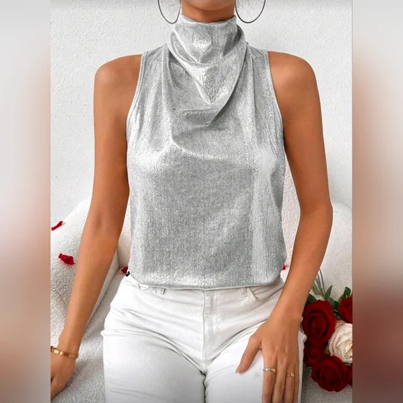 LUNE Metal-Tone Stand Collar Ruched Tank Top - Picture 4 of 6